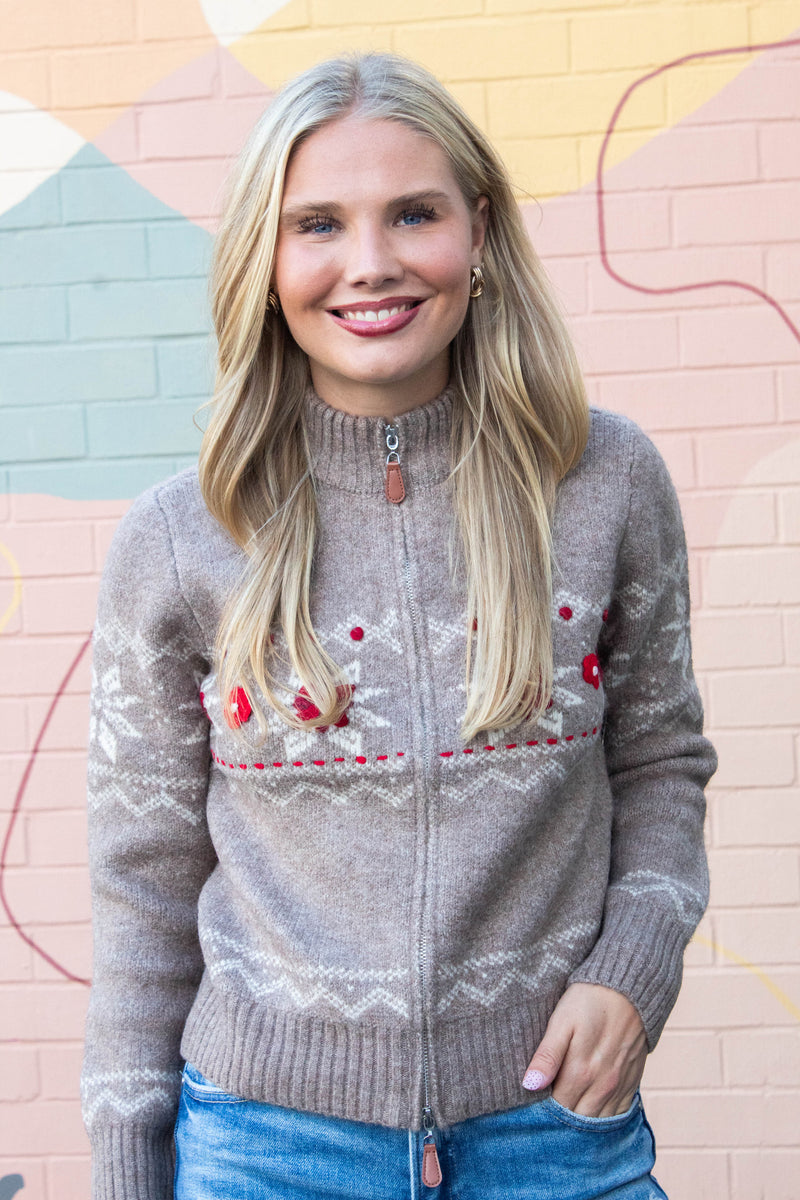 Nayeli Zip Up Embroidered Cardigan, Taupe | RD Style
