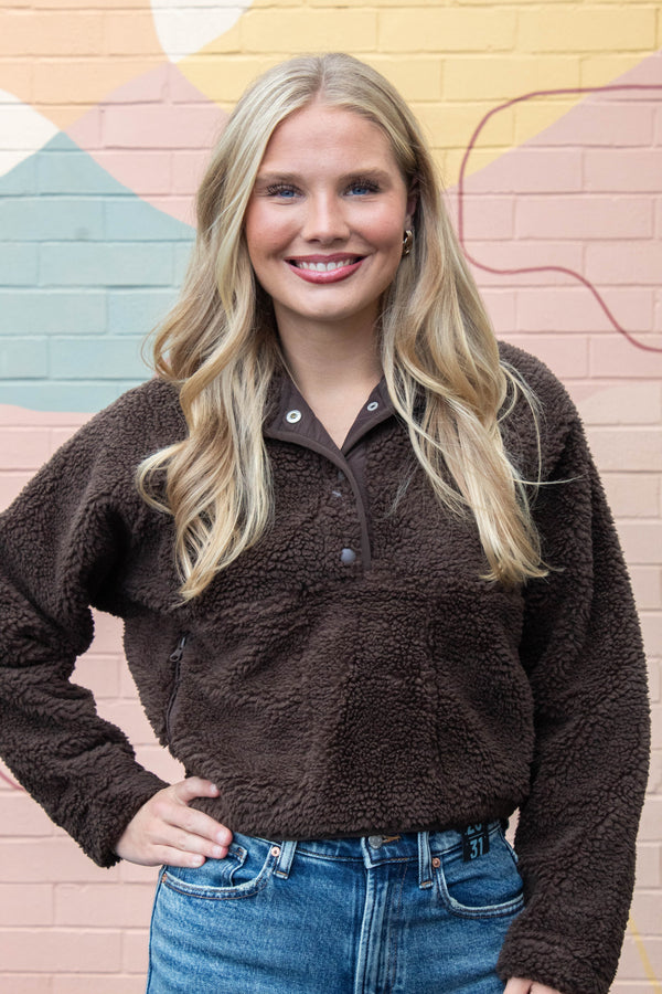 Aria Sherpa Button Neck Jacket, Brown
