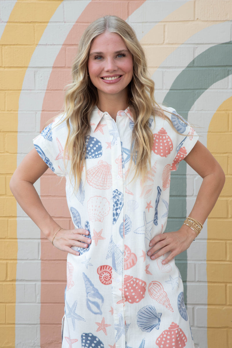 Seashells Duster Shirt Dress, White Multi | Sadie & Sage