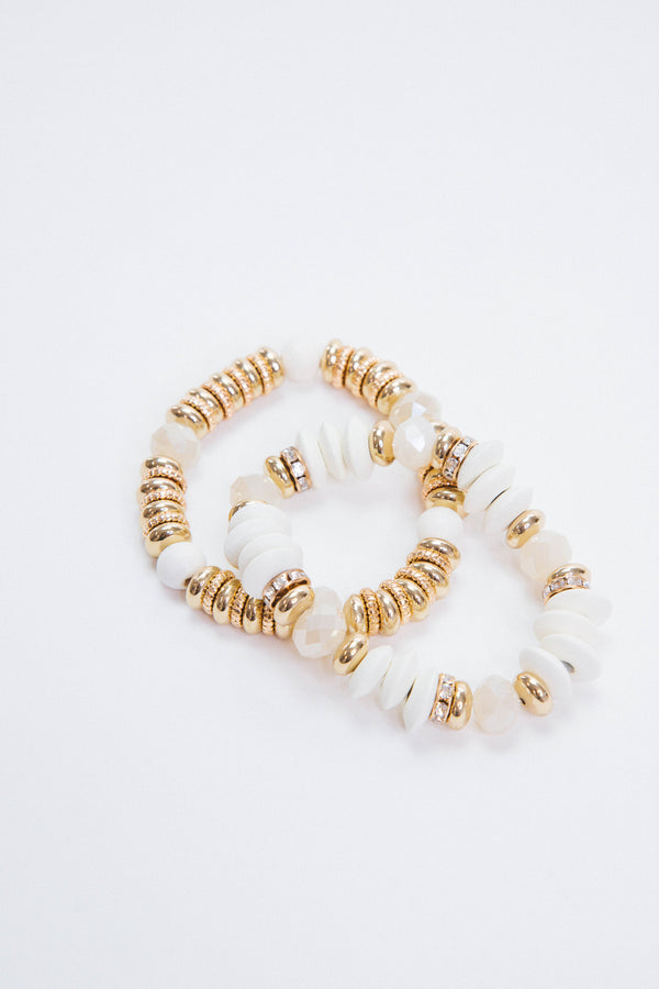 Wood Faceted Bead Bracelet Set, Ivory