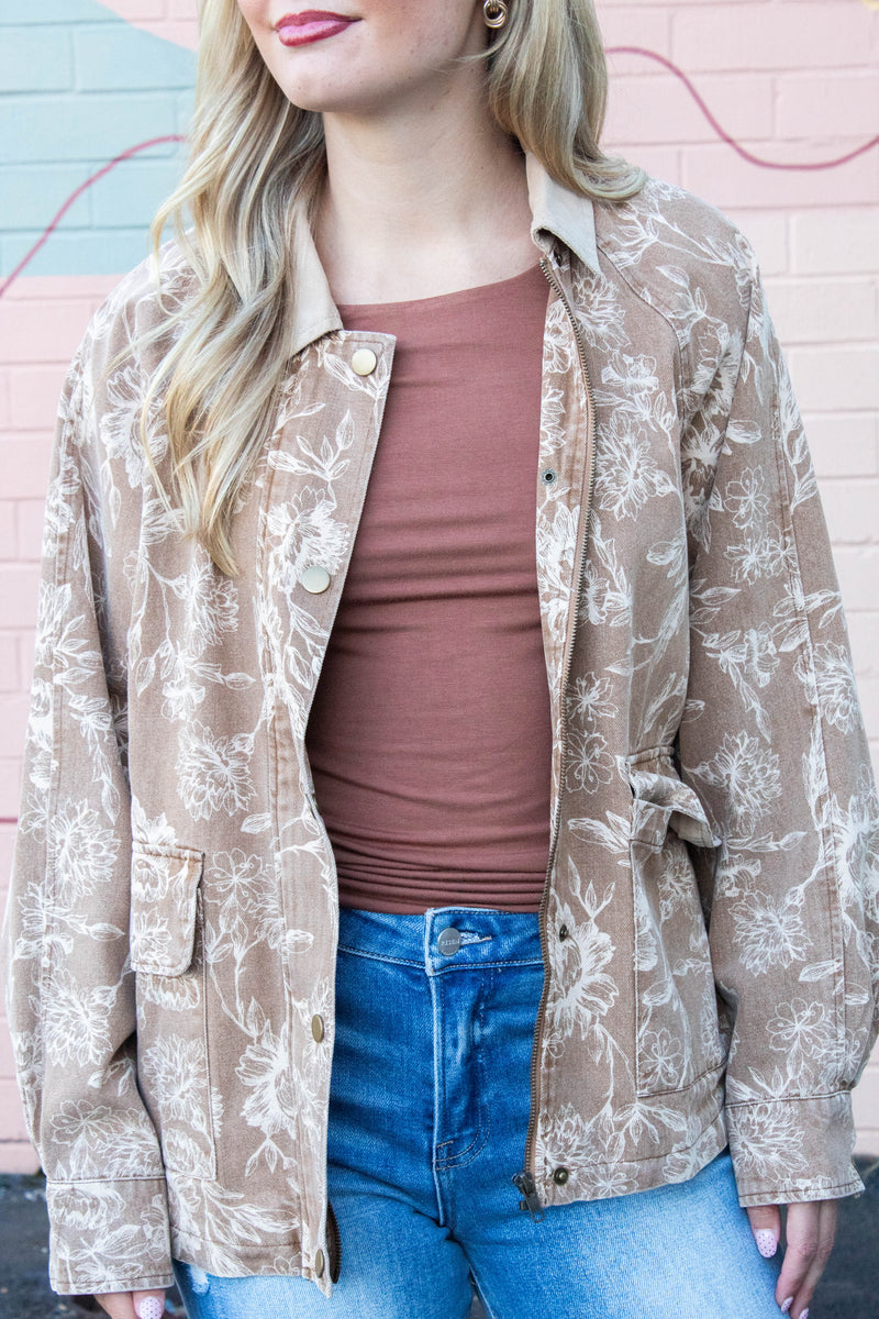 Angelica Corduroy Collared Floral Jacket, Light Brown