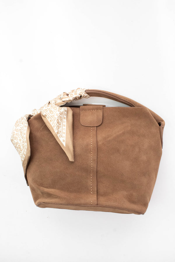 Margaret Small Suede Bucket Bag, Tan