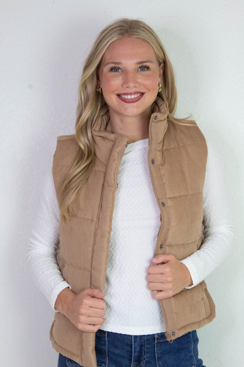 Isabelle Suede Puffer Vest, Camel