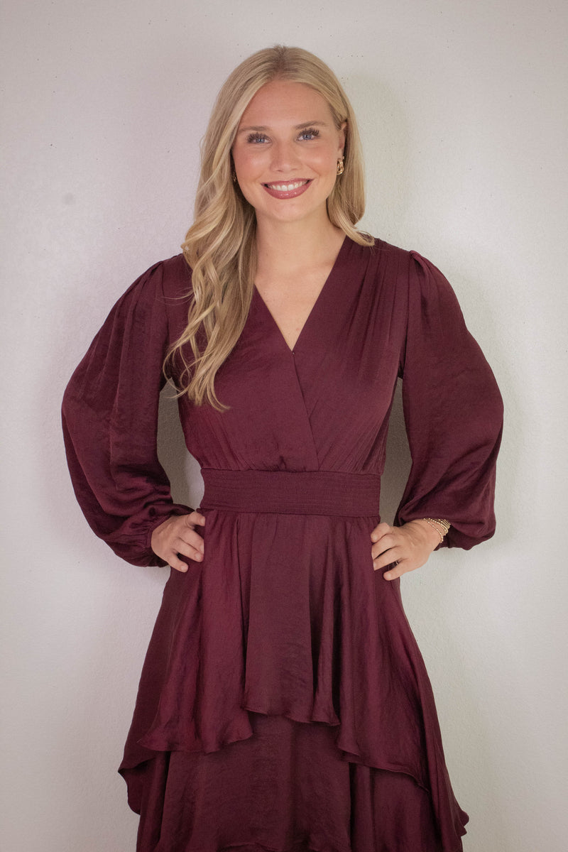 Bei Surplice V-Neck Midi Dress, Wine | Steve Madden