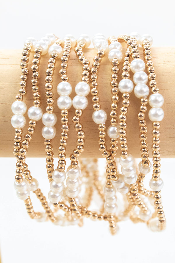 Skyler Beaded Pearl Stretch Bracelets, Gold Pearl