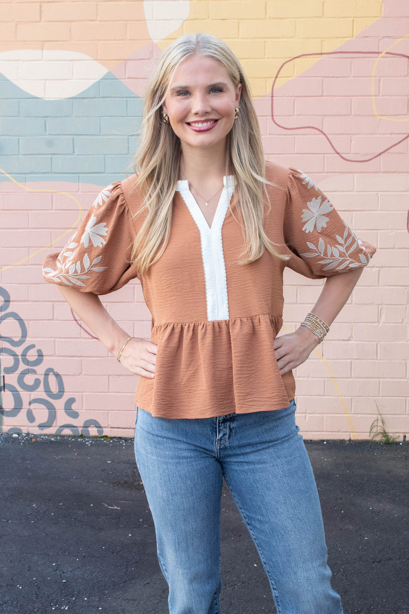 Bella Embroidered Peplum Blouse, Mocha