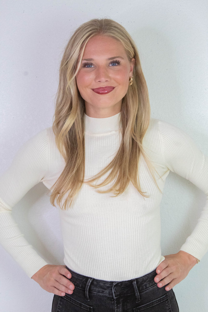 Bella High Neck Ribbed Bodysuit, Cream