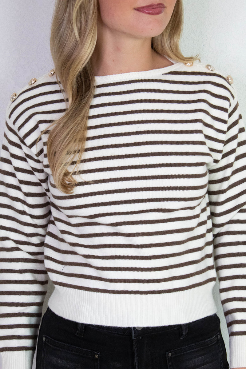 Eloise Buttoned Shoulder Sweater, Cream/Brown