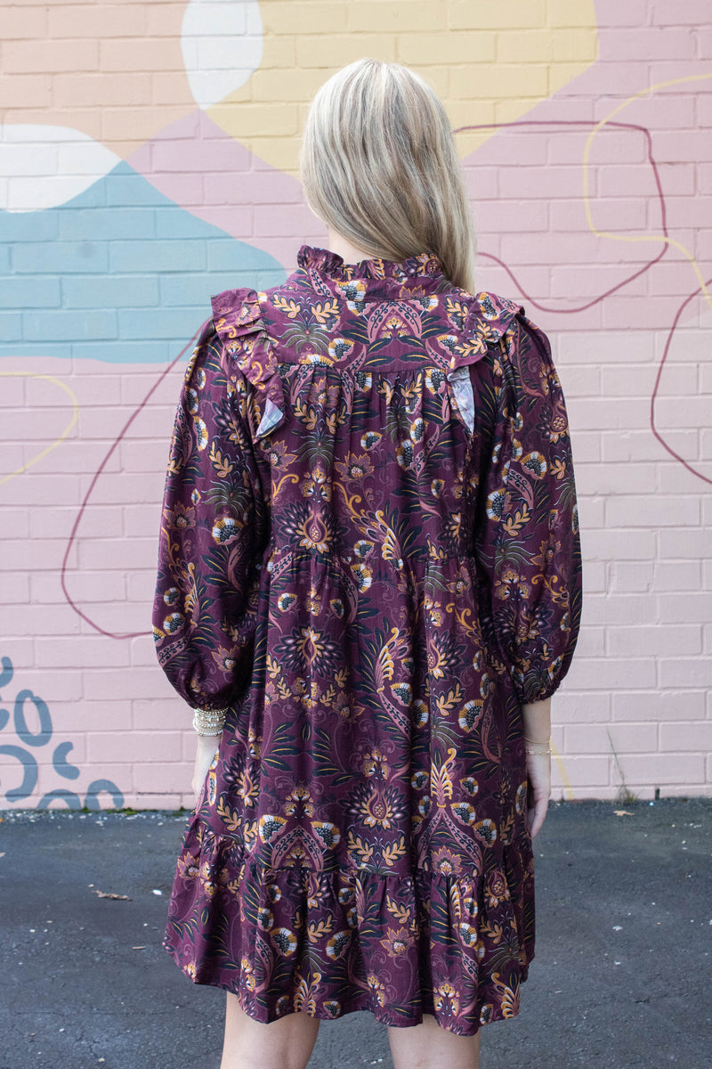 Kylie Printed Ruffle Detailed Dress, Wine Mix