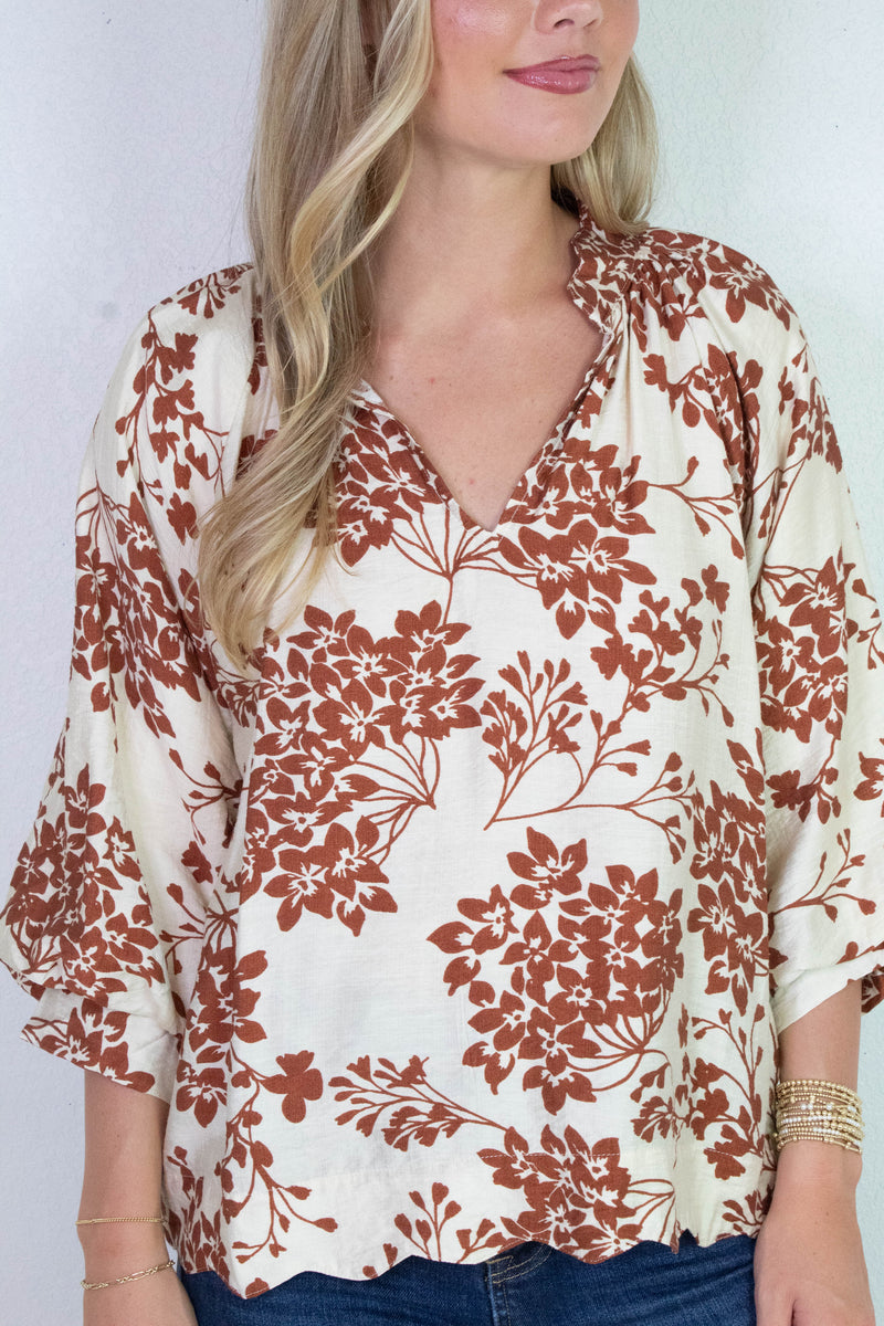 Zorina Cherry Blossom Print Blouse, Caramel