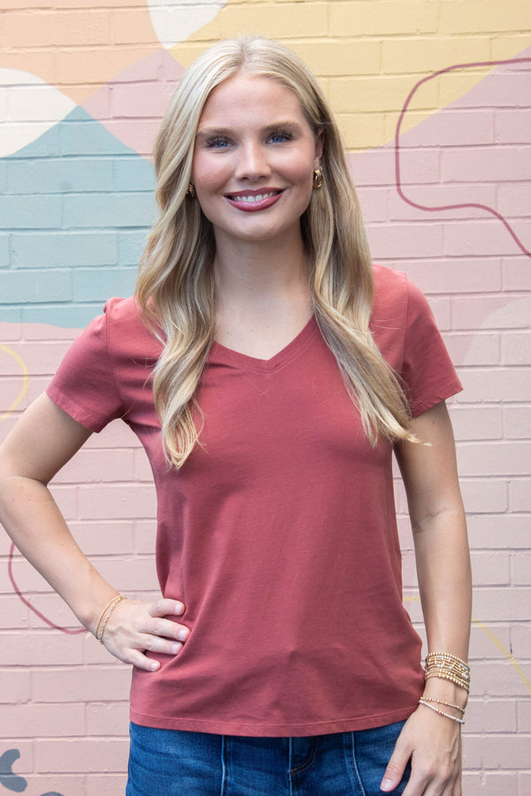 Tatum Cotton Jersey V-Neck Tee, Chili Oil