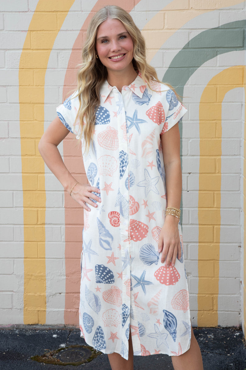 Seashells Duster Shirt Dress, White Multi | Sadie & Sage
