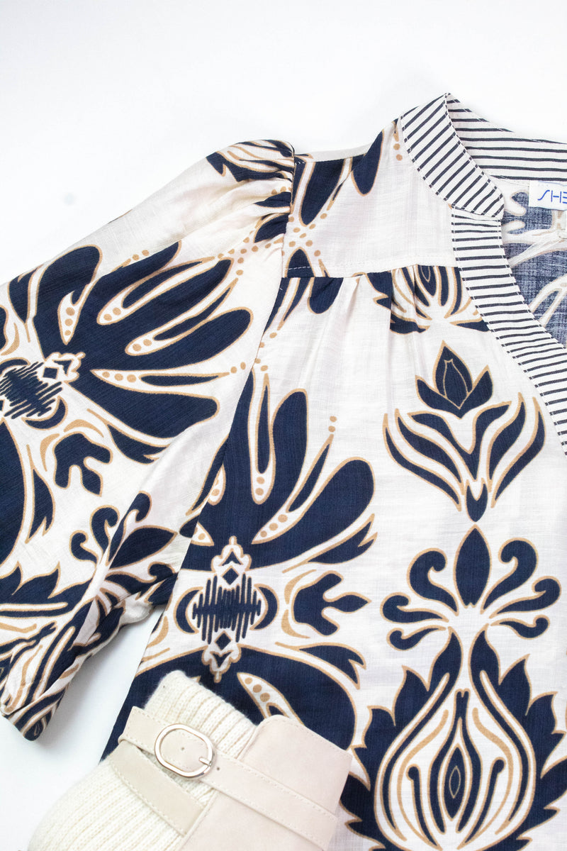 Arabella Bubble Sleeve Printed Top, Navy