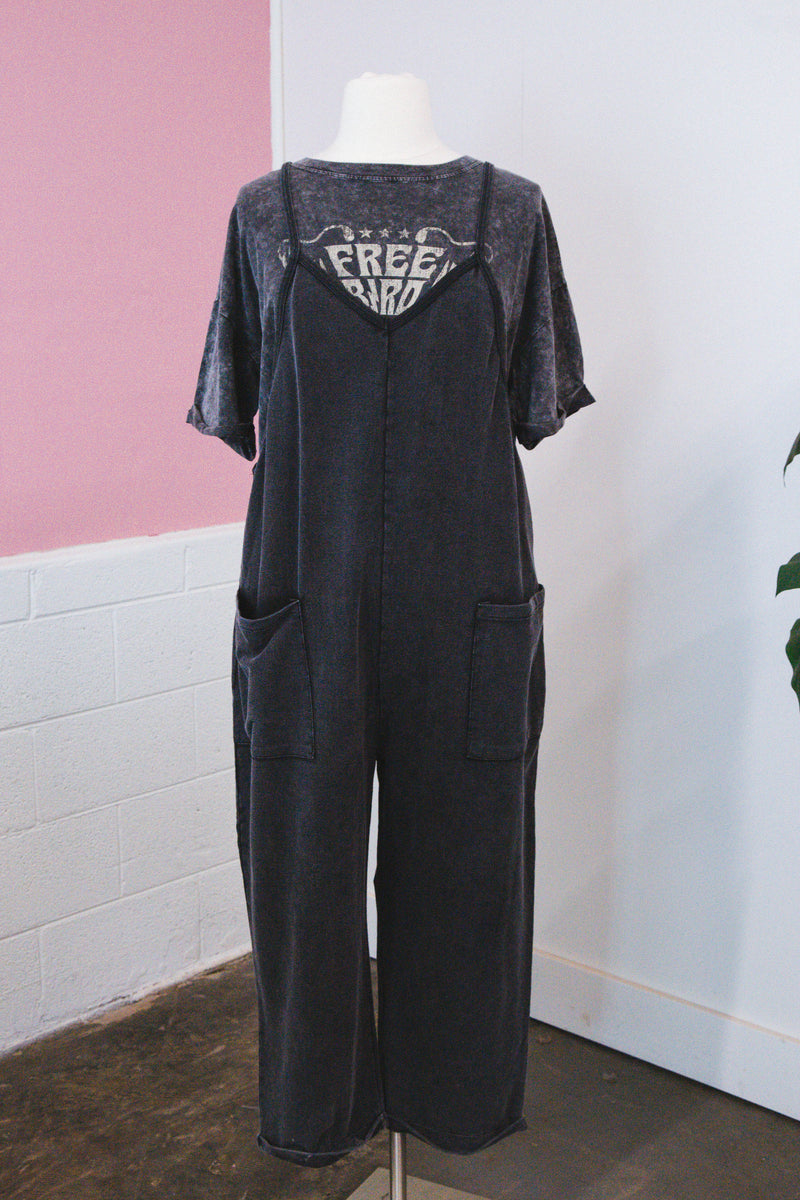 Hazel Relaxed Fit Pocketed Overalls, Washed Black | Extended Sizes