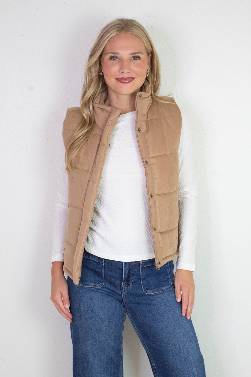 Isabelle Suede Puffer Vest, Camel