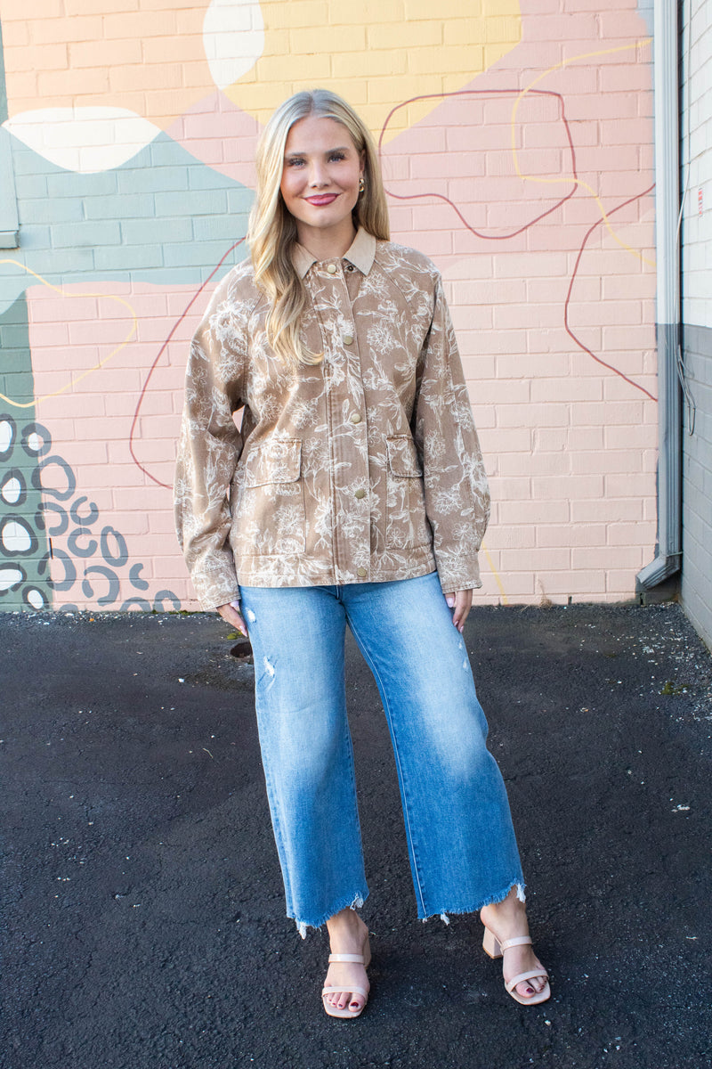 Angelica Corduroy Collared Floral Jacket, Light Brown