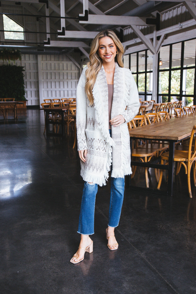 Arizona Aztec Pattern Fringe Cardigan, Sea Salt | RD Style