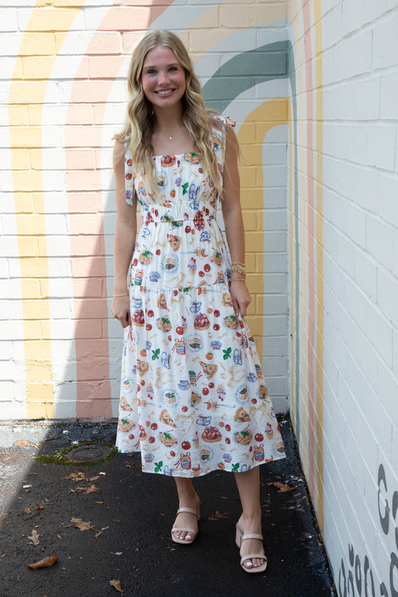 Allie Tea Time Tie Strap Midi Dress, Off White Multi