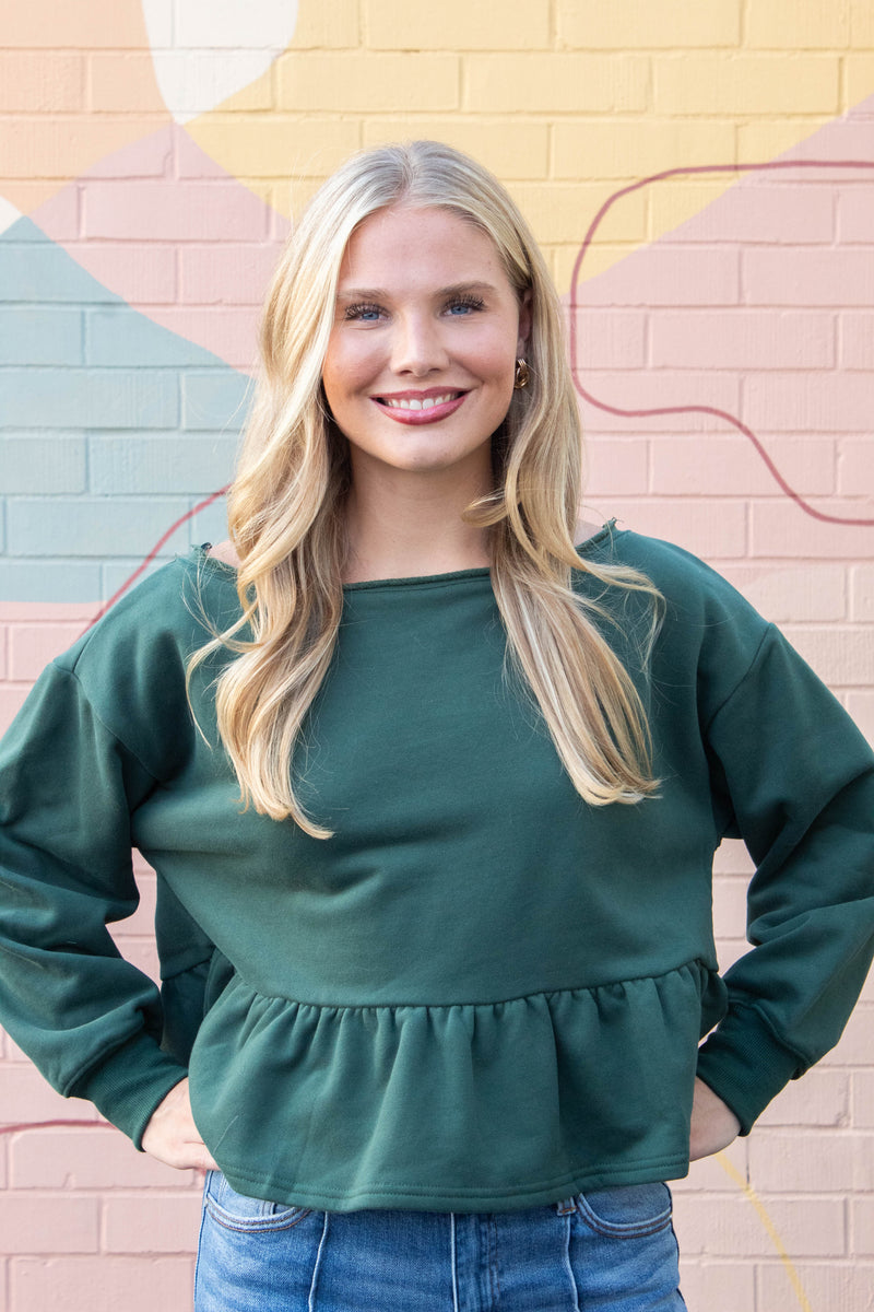 Arabella Peplum Hem Sweatshirt, Hunter Green