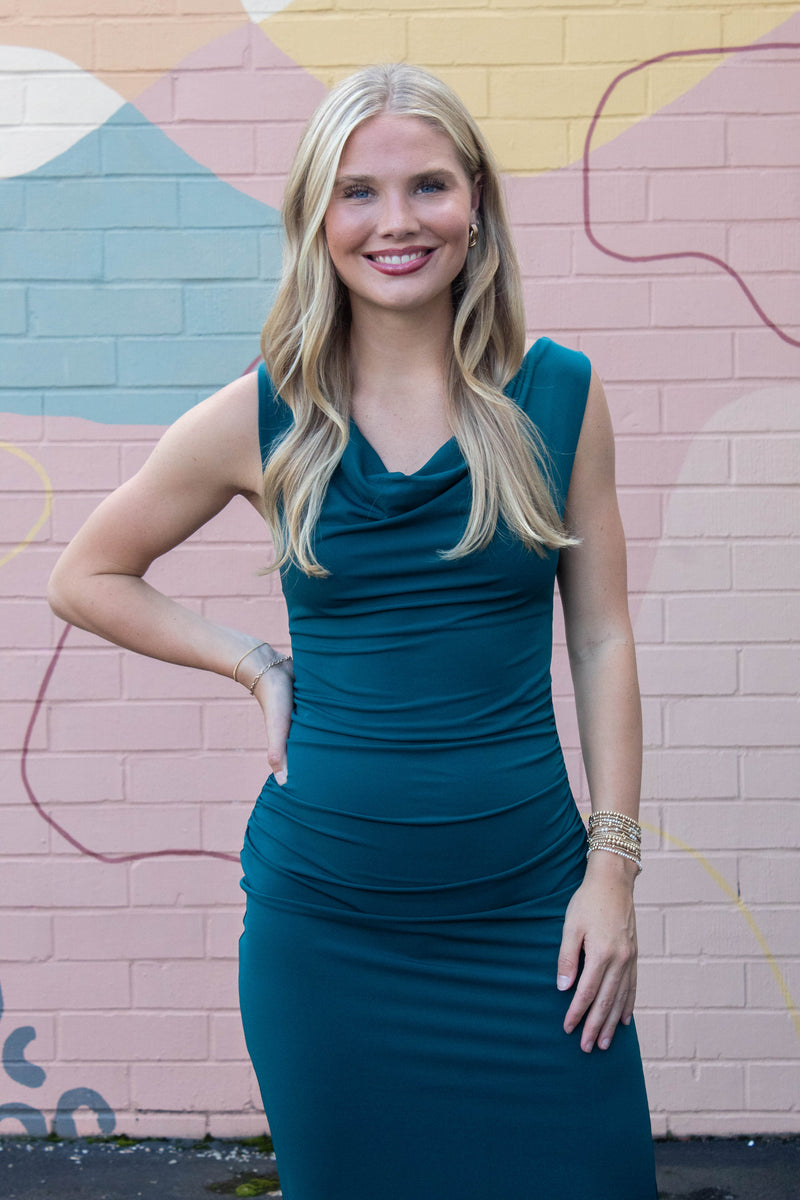 Kalina Cowl Neck Midi Dress, Midnight Teal | Steve Madden