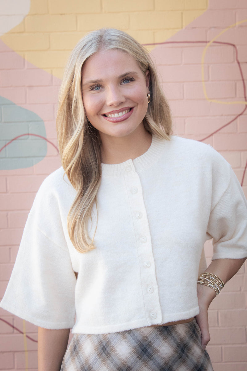 Jeanne Cropped Crew Neck Sweater, Cream