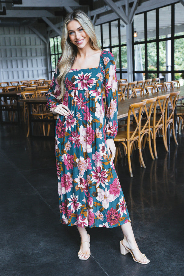 Whitley Long Sleeve Floral Maxi Dress, Hunter Green