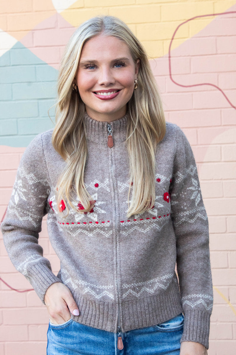 Nayeli Zip Up Embroidered Cardigan, Taupe | RD Style