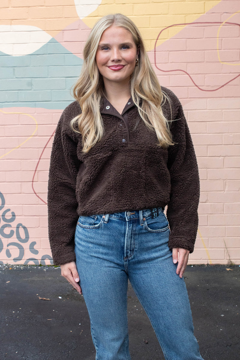 Aria Sherpa Button Neck Jacket, Brown