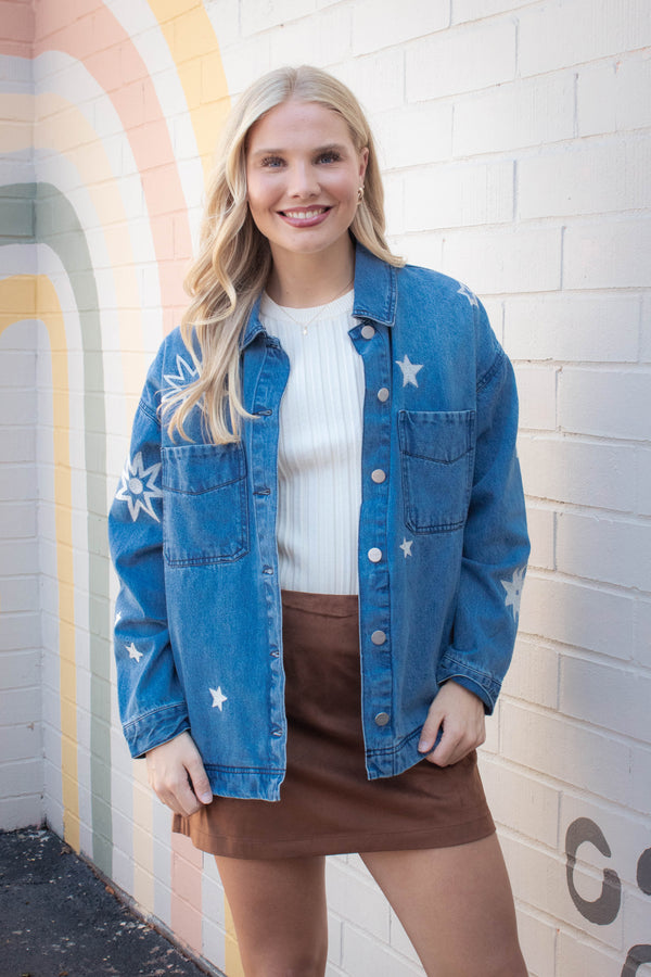 Harlow Star Embroidered Denim Jacket, Medium