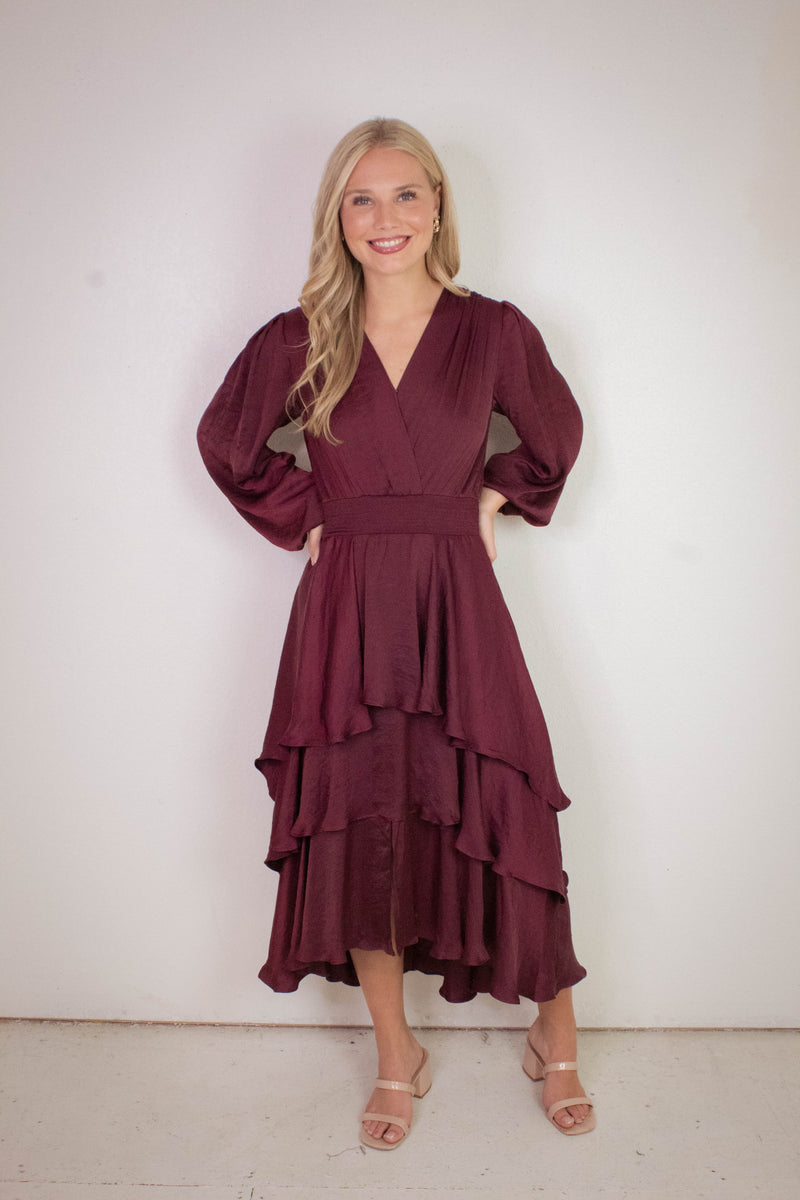 Bei Surplice V-Neck Midi Dress, Wine | Steve Madden