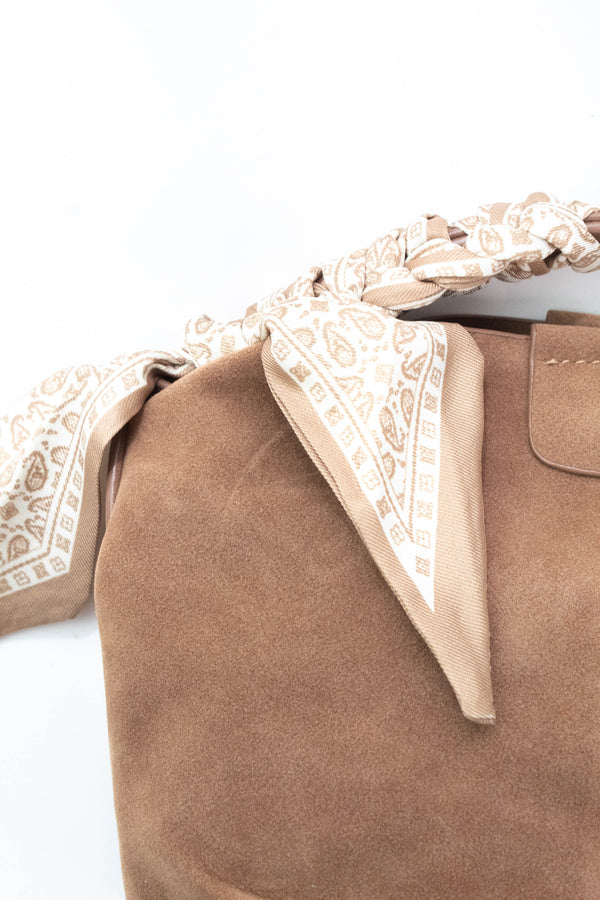 Margaret Small Suede Bucket Bag, Tan