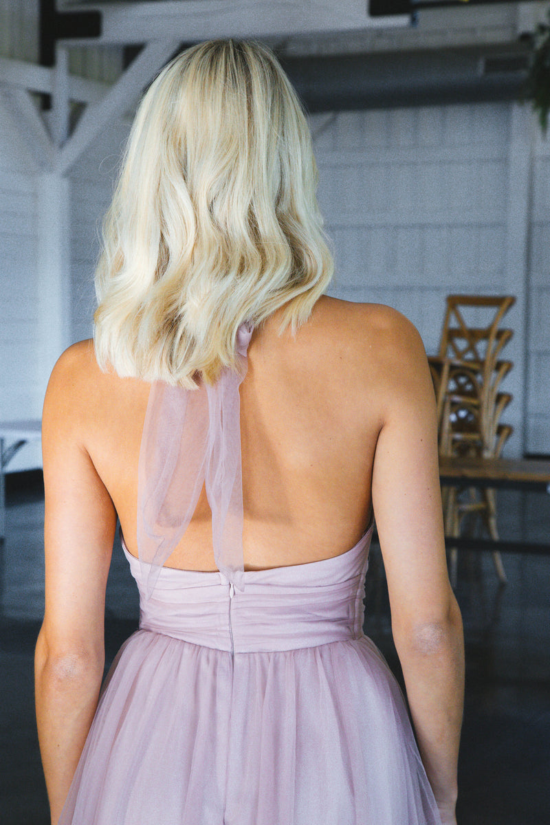 Pink Sunset Halter Tulle Midi Dress, Blush