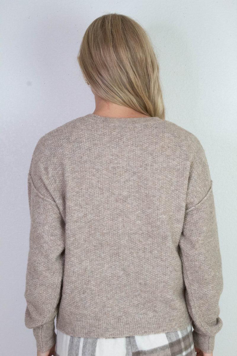Aria Rib Trim Round Neck Cardigan, Khaki