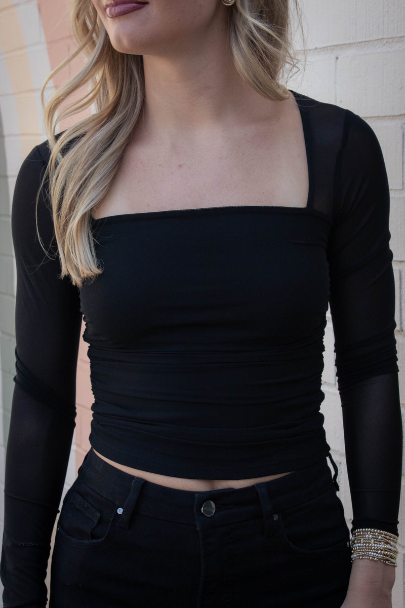 Skylar Ruched Waist Square Neck Top, Black
