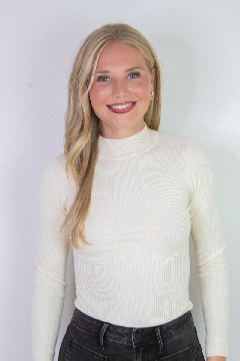 Bella High Neck Ribbed Bodysuit, Cream
