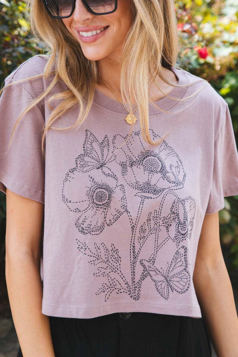 Flower Embroidery Graphic Tee, Antler
