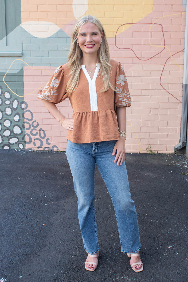 Bella Embroidered Peplum Blouse, Mocha