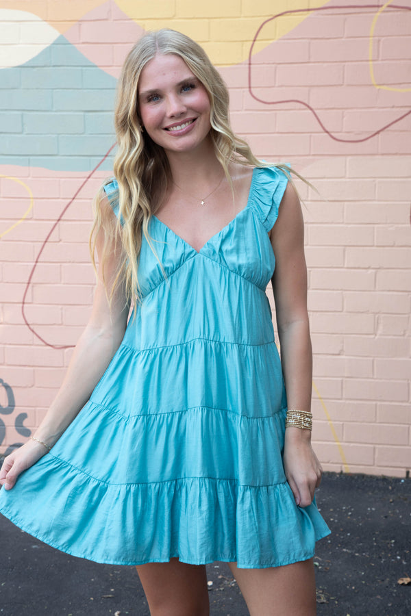 Wrenlee Tiered Babydoll Mini Dress, Dark Mint