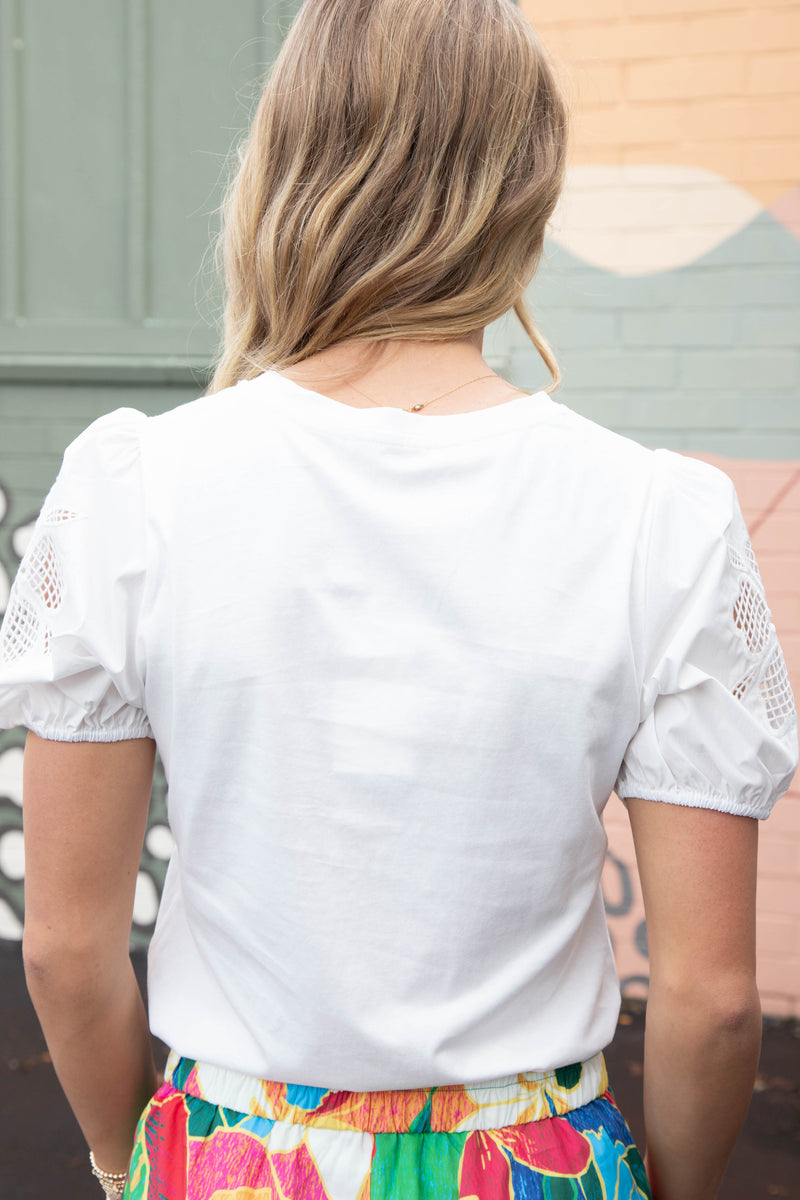 Leona Cutout Embroidered Sleeve Top, White