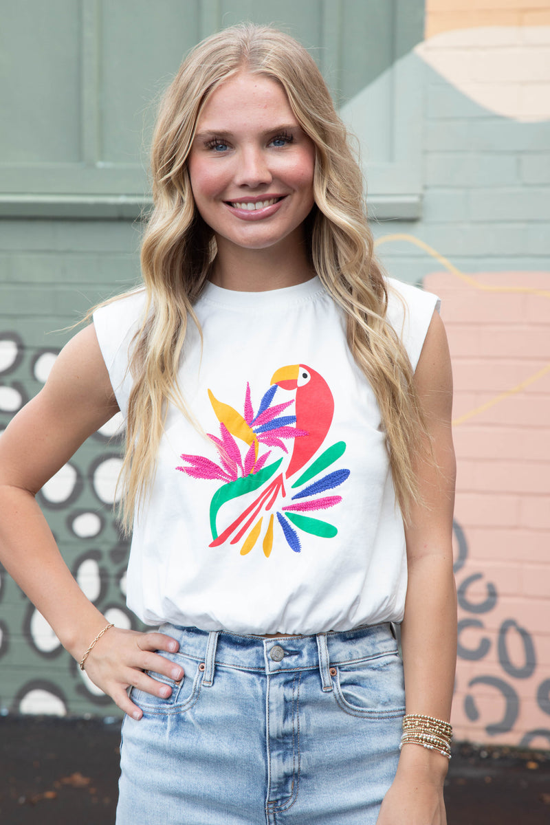 Lexi Abstract Bird Print Muscle Tee, Off White