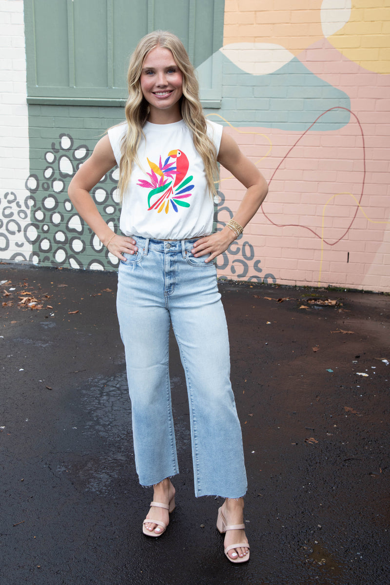 Lexi Abstract Bird Print Muscle Tee, Off White