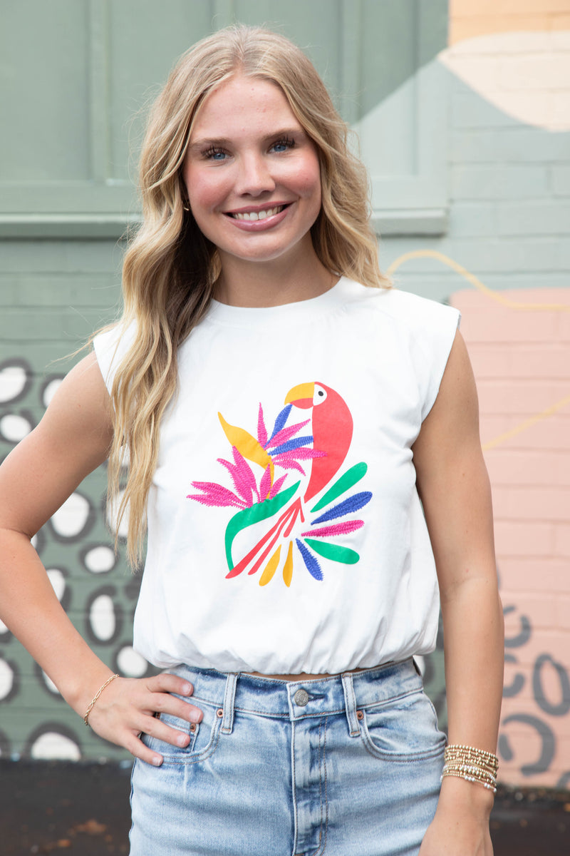 Lexi Abstract Bird Print Muscle Tee, Off White