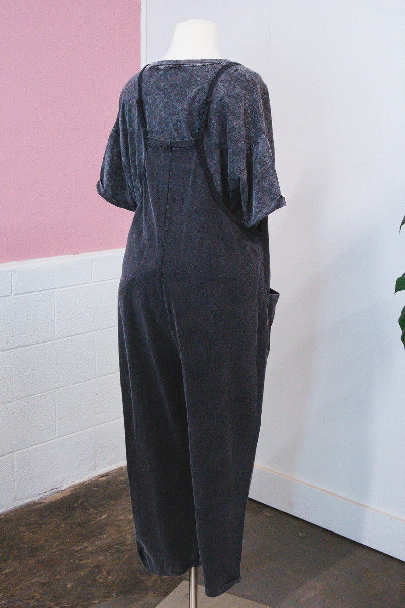 Hazel Relaxed Fit Pocketed Overalls, Washed Black | Extended Sizes