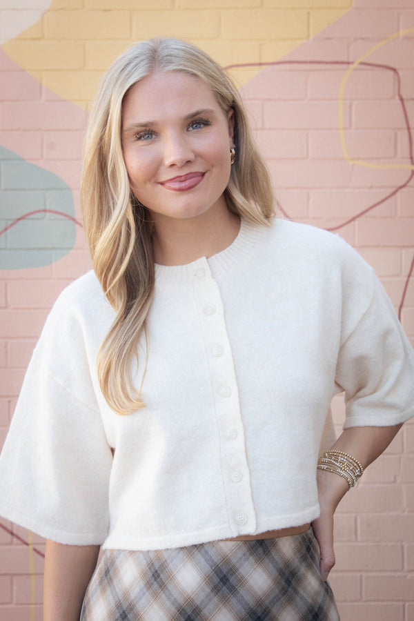Jeanne Cropped Crew Neck Sweater, Cream