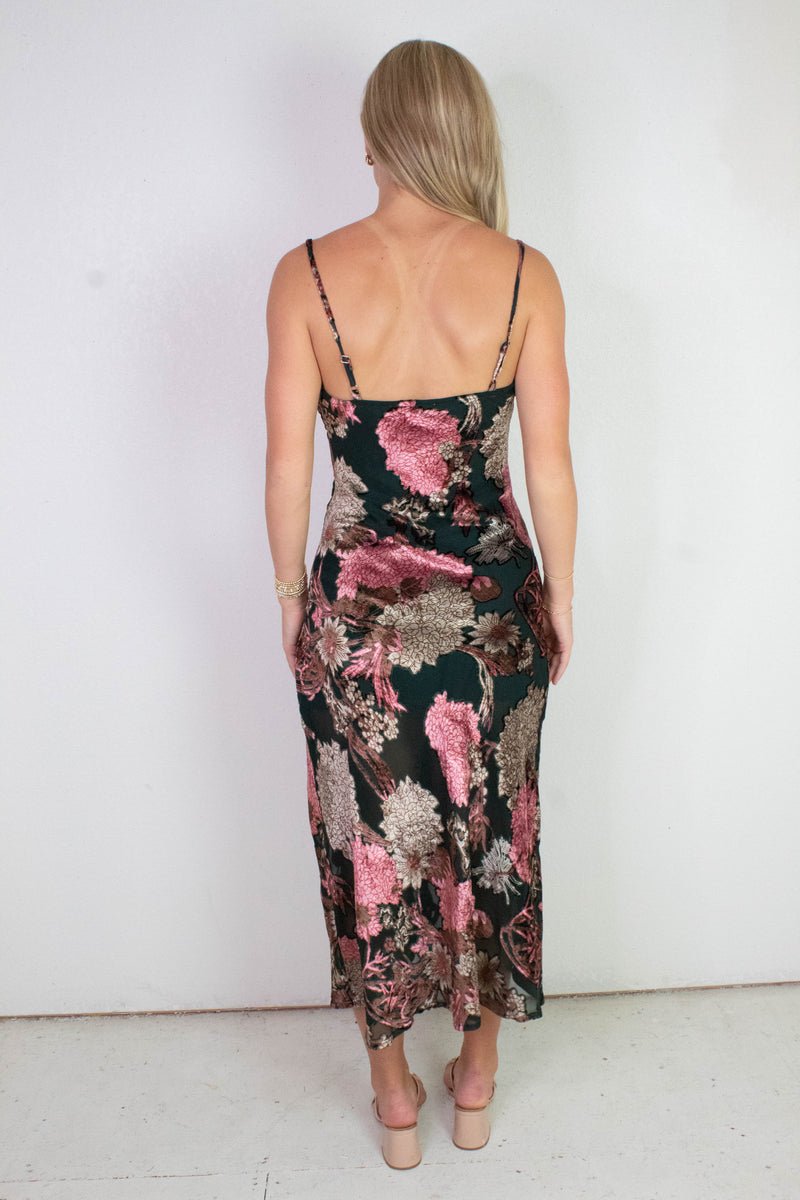 Mariah Velvet Burnout Dress, Dark Green Multi