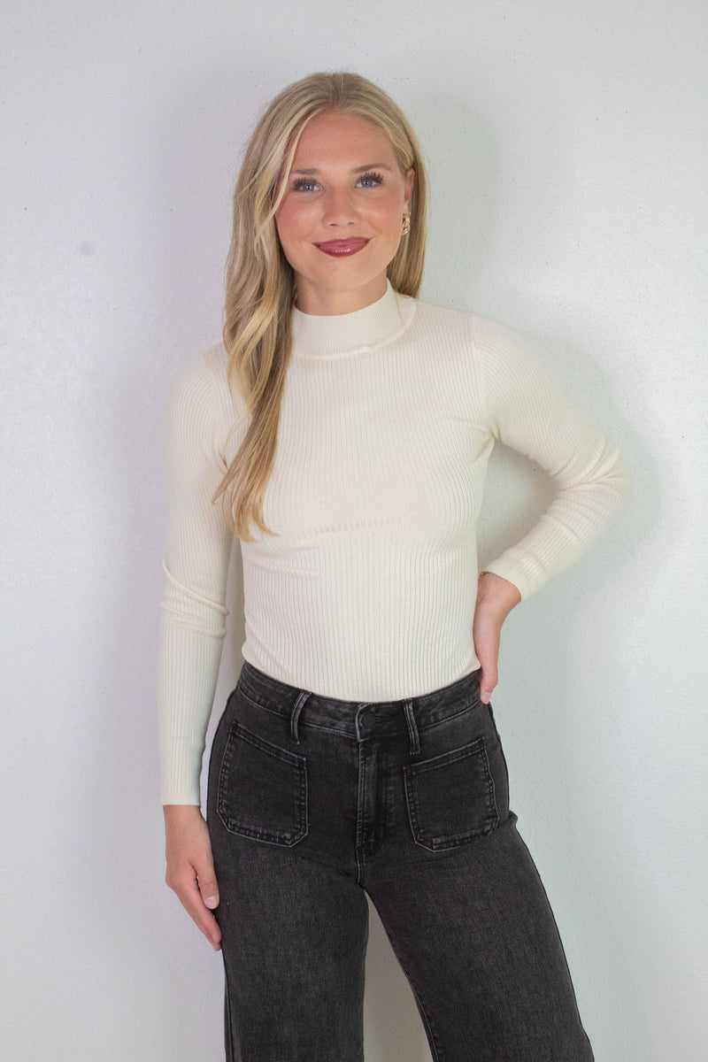 Bella High Neck Ribbed Bodysuit, Cream