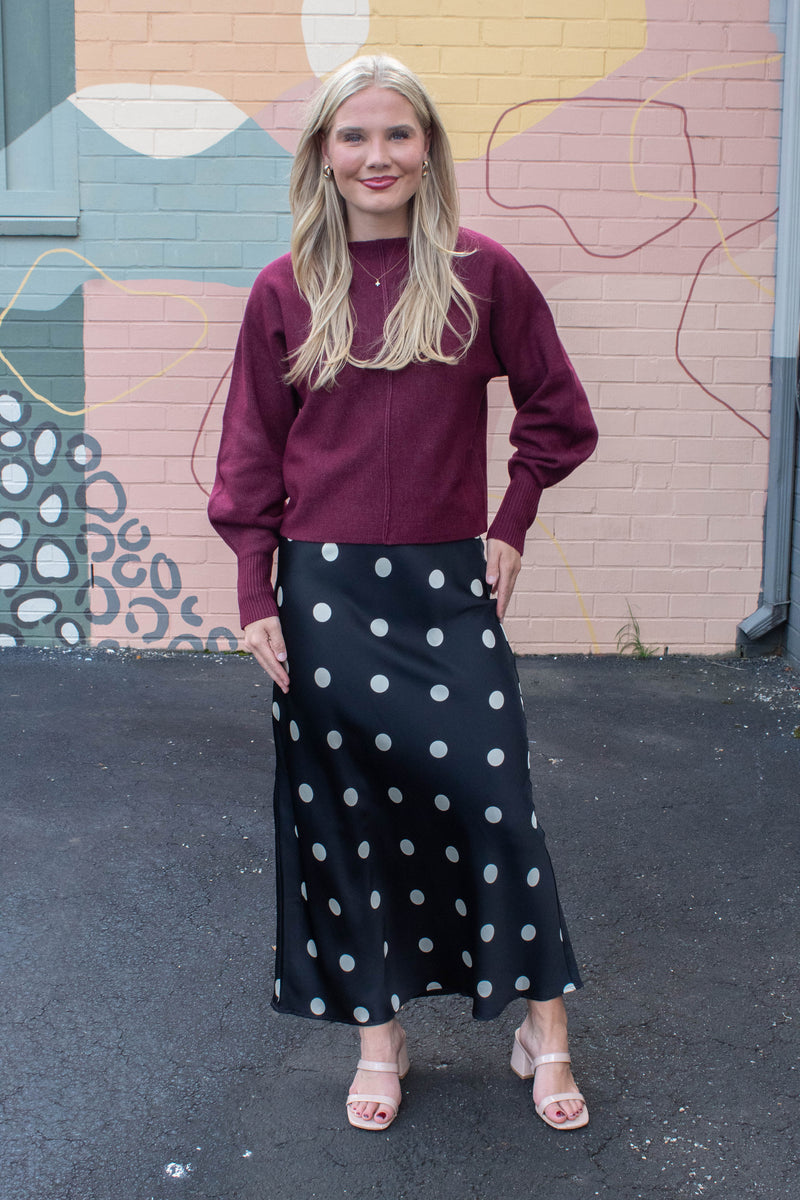 Sloane Satin Polka Dot Midi Skirt, Black-Cream Dot