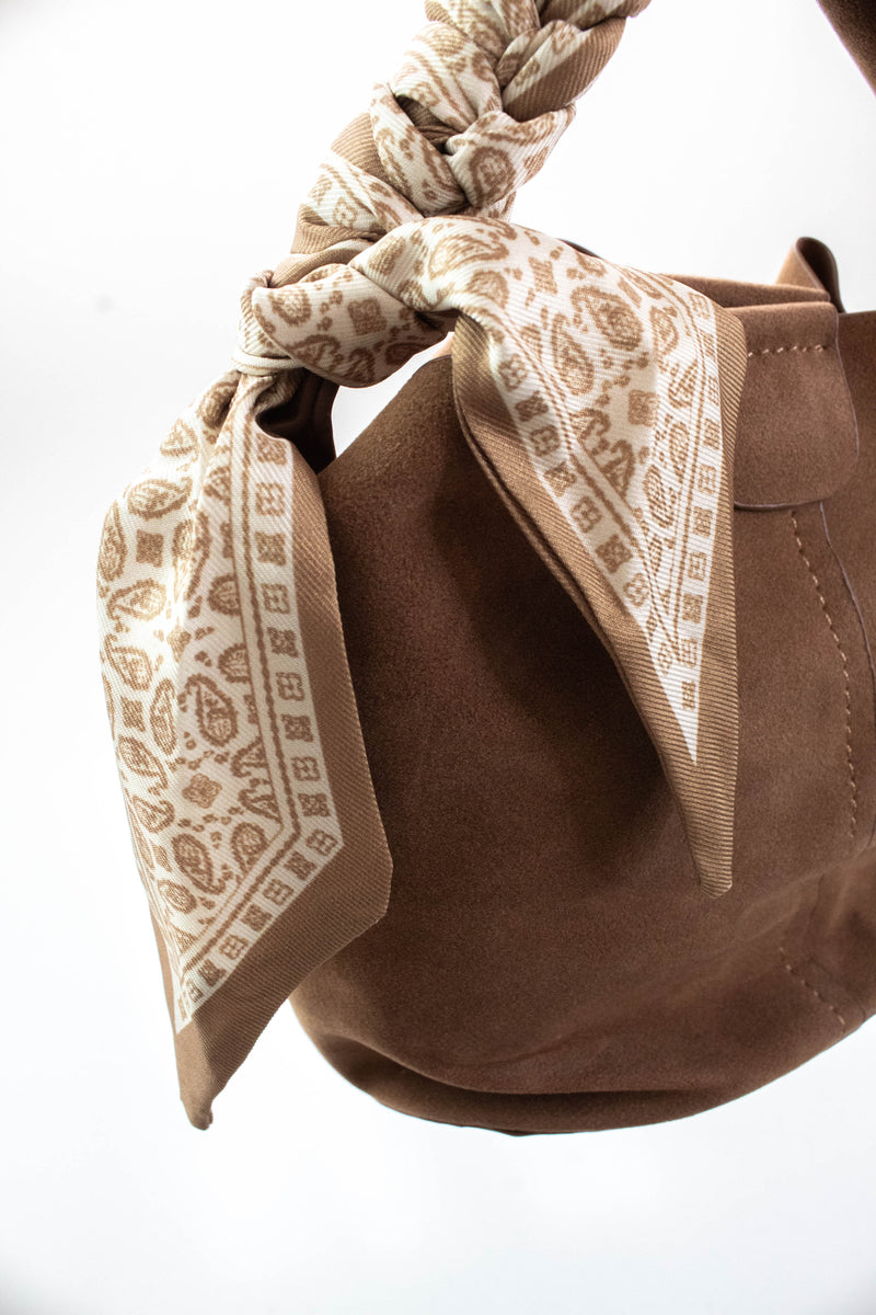 Margaret Small Suede Bucket Bag, Tan