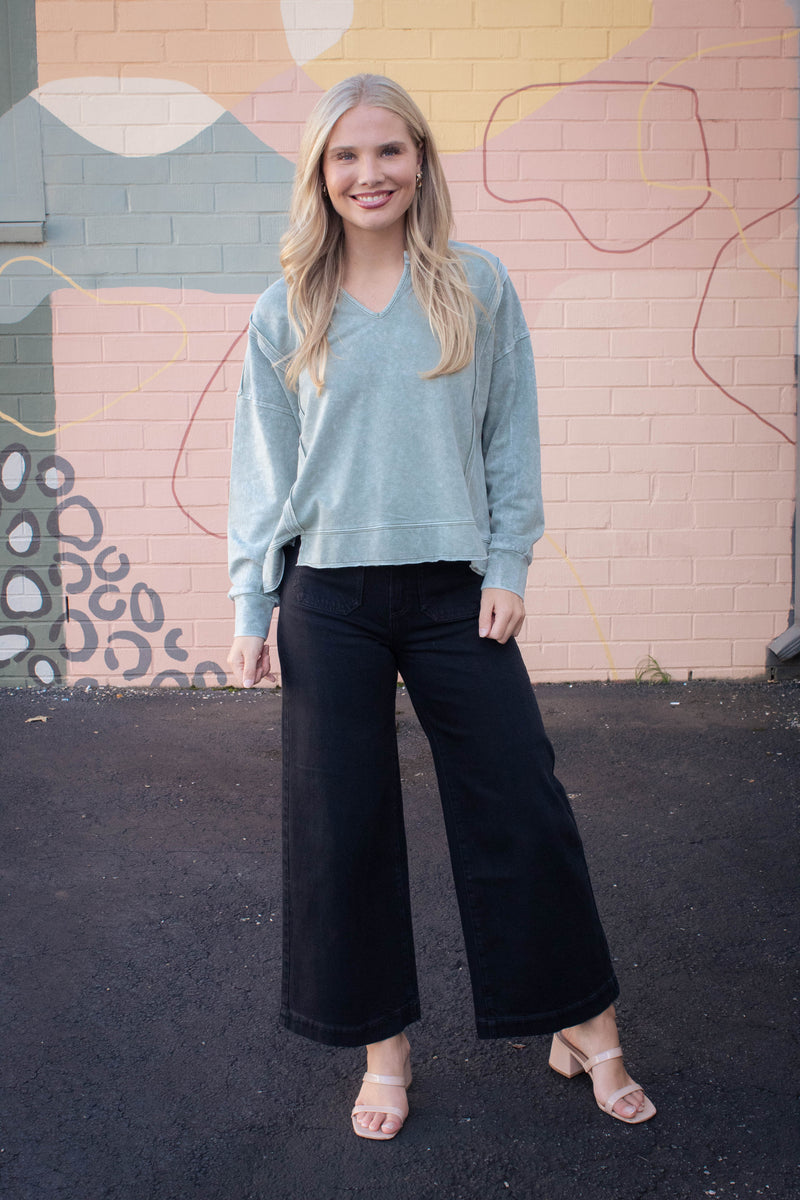 Remy Washed Exposed Seam Knit Top, Moss