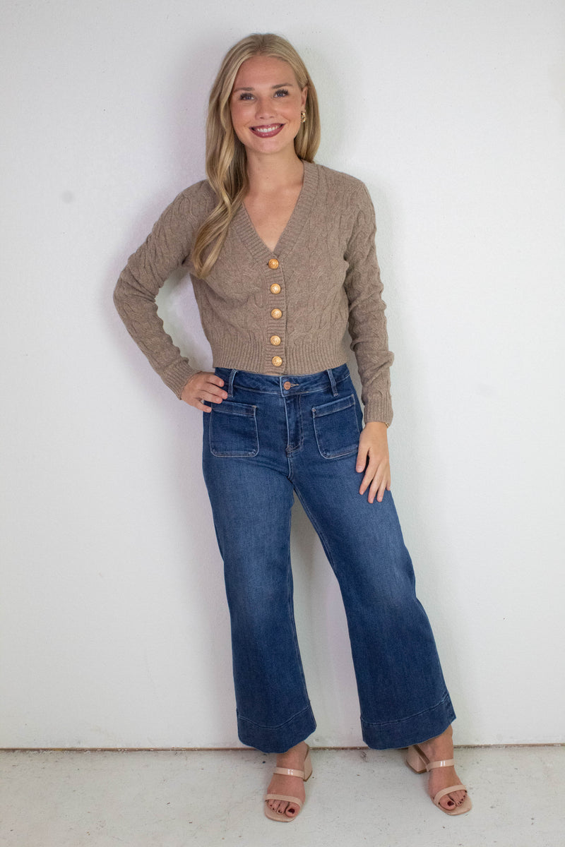 Kaia Crop Wide Leg Patch Pocket Jeans, Dark